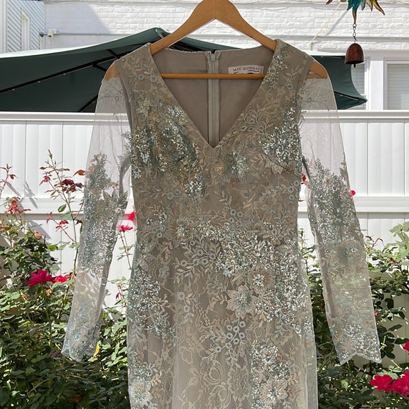 Mac Duggal - Sea Mist - Embellished V-Neck Illusion Long Sleeve Gown - Picture 3 of 17